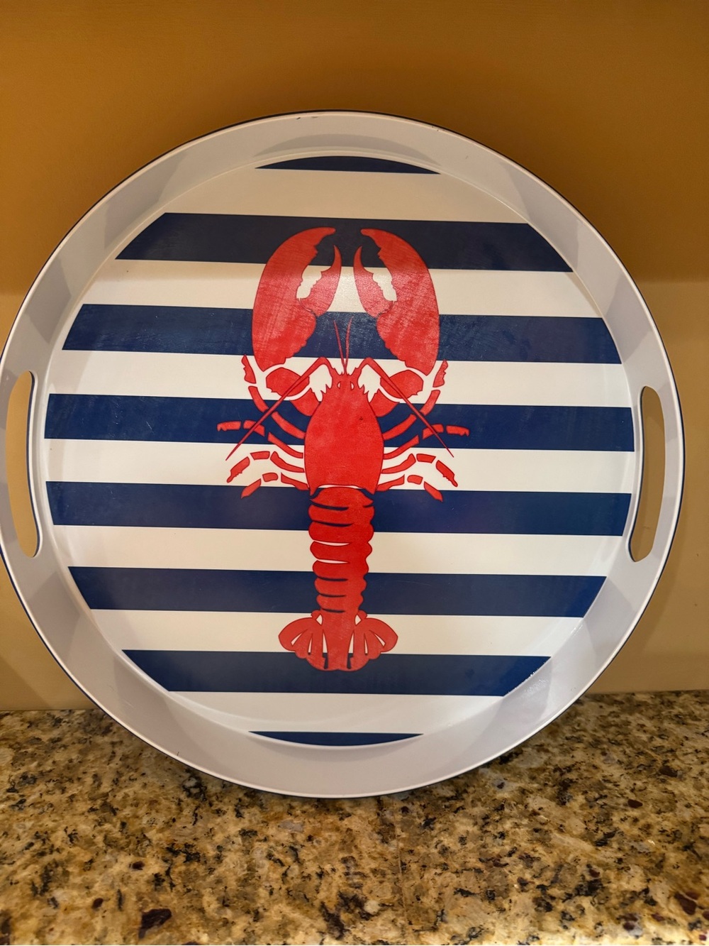 Nautical Lobster Stripe Metal Serving Tray - Red & Navy: 15” Diameter